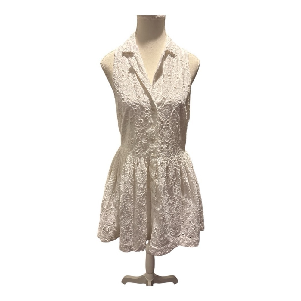 RAGA Sleeveless Eyelet Button Up Mini Dress Sz M White Euro Summer Anthropologie - Picture 2 of 9